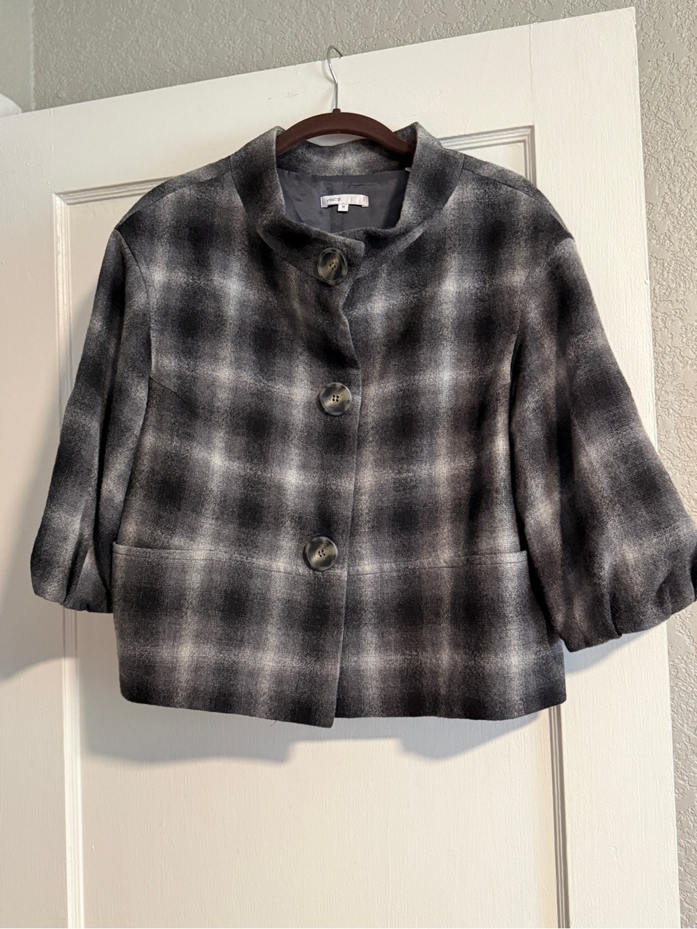 Vince Black & Gray Plaid Cropped Wool Blend Jacket